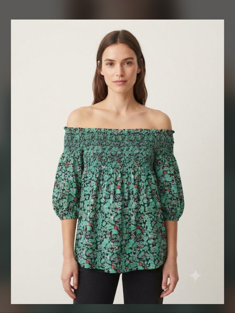 Maje Green Floral Smocked Off-Shoulder Blouse